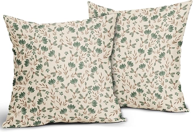 Brown Green Floral Pillow Covers 24x24 Set of 2 Vintage Rustic Old Style Cute Small Flower Print Decorative Outdoor Pillowcases Farmhouse Throw Cushion Case Decor for Couch Sofa Bed