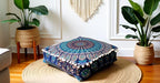 CRAFT KALA Blue Peacock Large Hippie Mandala Meditation Floor Ottoman Pillow Cushion Pouf Cover Square Poufs Bohemian Circle Floor Cushion Case Outdoor Fireplace Living Room Decor Cover 16" Square