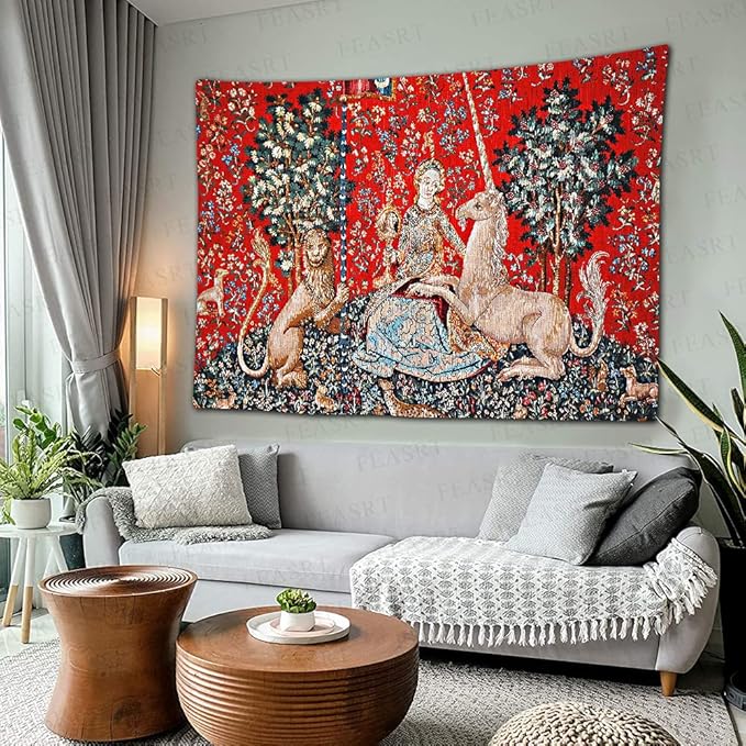 FEASRT Medieval Maiden and Unicorn Tapestry European Royal Tapestry Lion Tapestry, 60x40 Inches Soft Flannelette, Lady and Unicorn for Living Room Bedroom Dorm