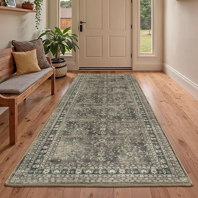 Lessymo Runner Rugs 2x6 ft, Vintage Brown Machine Washable Rug for Hallway Kitchen Bedroom, Non Slip Low Pile Soft Long Area Rug, Distressed Boho Floral Accent Carpet