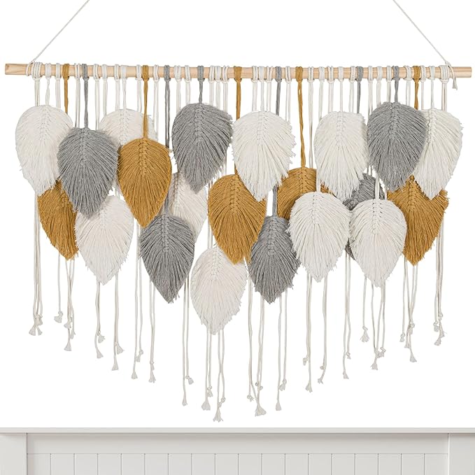 Large Macrame Wall Hanging Decor – Handmade Cotton Cord Boho Room Decor for Bedroom, Nursery, Office – 39” W x 29.5” L (Silver, Gold, White)