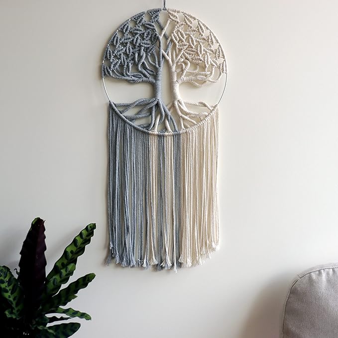 GUKALYLY Tree of Life Macrame Wall Hanging,Chic Handmade Woven Boho Home Décor,Eclectic Wall Decor for Bedroom Nursery Apartment Dorm Decoration,Gift for Teen Girl Mom(13" W X 31.5" L) (Grey&White)