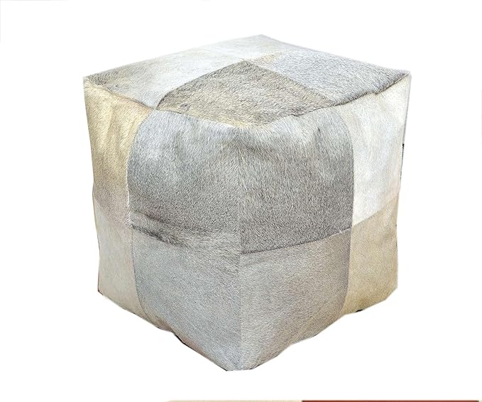 Unstuffed Premium Hair-on Leather Ottoman Pouf Cover, Boho Handmade Genuine Cowhide Square Footstool, Modern Cube Ottoman Footrest for Home Decor Living Room, Bedroom - 18X18 Inch, Grey