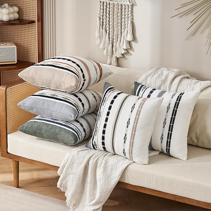 Boho Pillow Covers 18x18 Square Farmhouse Decorative Cushion Case Striped Square Cushion Cover Cozy Soft Neutral Throw Western Pillows Protector Modern Decorative for Couch Sofa Bed, Set of 2