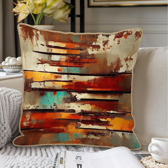 Burnt Orange Teal Rust Soft Velvet Throw Pillow Covers Set of 2 Abstract Vintage Metalic Copper Pillow Covers 20x20 Inch Retro Colorful Pillow Case For Sofa Couch Living Room Farmhouse Home Decor
