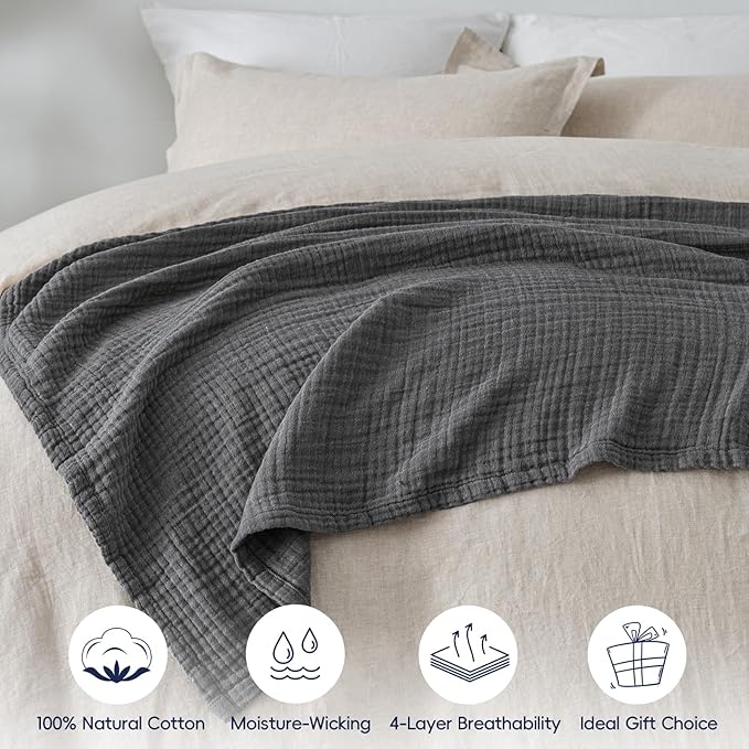 PHF 100% Cotton Muslin Throw Blanket 50" x 60", 4-Layer Lightweight Gauze Throw, Breathable Cloud-Soft Minimalist Blanket for Bed, Couch, Camping & Baby, Greyish Black, Ideal Gift