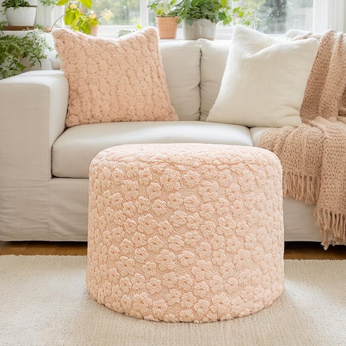 Ottoman Foot Rest Stuffed Round Boho Floor Poof Seating Armchair Ottoman Foot Stool Floor Cushion Bean Bag Pouf 18x18x14 Inch Pink