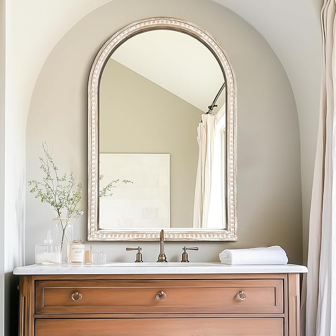 Arched Vanity Wall Mirror 36 x 24 Inch Beaded Wood Frame Boho Farmhouse Decorative Mirror for Bathroom Bedroom Entryway Living Room