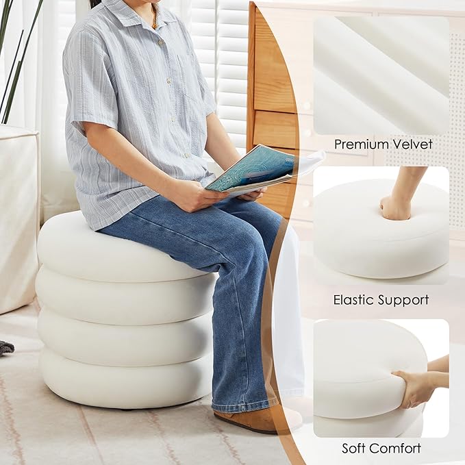 Round Velvet Storage Ottoman with Removable Lid, Small Tufted Vanity Stool for Dorm, Modern Compact Footrest for Bedroom Entryway Lounge, White