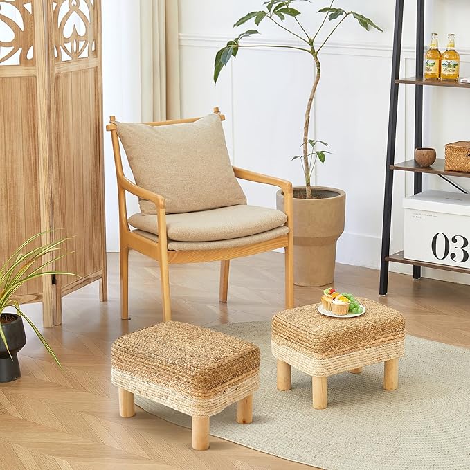 Ottoman Foot Stool Rectangular Footrest Natural Seagrass Footstool with Wooden Legs Hand Weave Multifunctional Modern Dressing Stool, Sofa Side Table for Bedroom for Living Room (White)