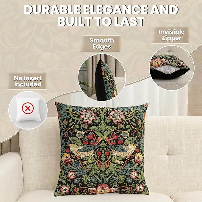 Charlotte Home Furnishings Throw Pillow Covers Decorative Boho Pillow Covers for Couch Living Room Black Strawberry Square Cushion Cases 18x18 in European Cotton Jacquard Woven Cozy Bedroom Decor
