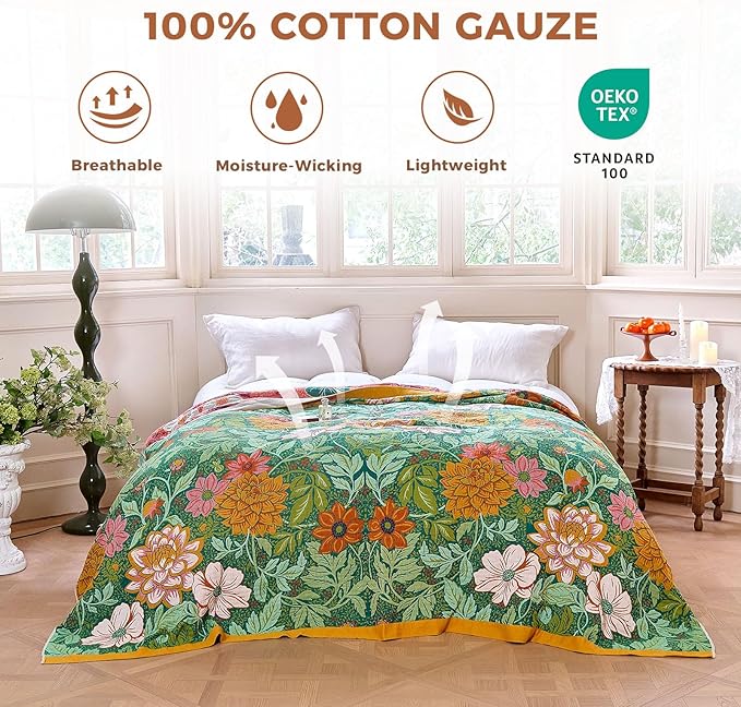 Boho Throw Blanket for Couch Sofa Chair Spring Cotton Blankets for Bedroom Living Room All Season Lightweight Reversible Floral Embroidery Throws 50"x60"