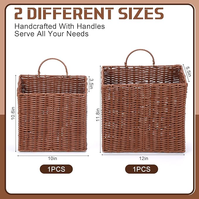 2 Pack PE Rattan Hanging Wall Basket Wicker Hanging Basket for Front Door Mail Flowers Books Accessories Organizing Boho Rustic Farmhouse Wall Decor(Square Opening)