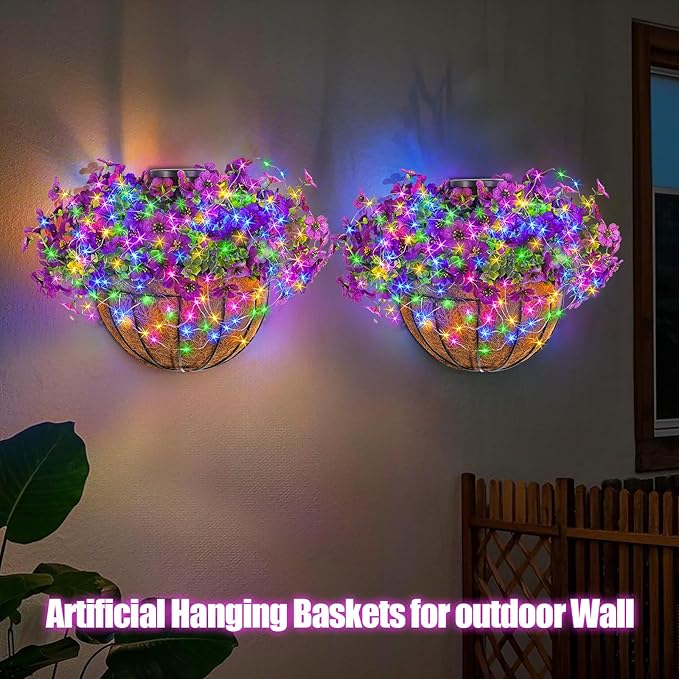 GOESWELL Wall Hanging Basket with Artificial Flowers: Fake Plants Basket with RGB String Lights for Fall Outdoor Decor - Solar Flowers Baskets with Faux Silk Flower for Front Porch Patio Garden Decor