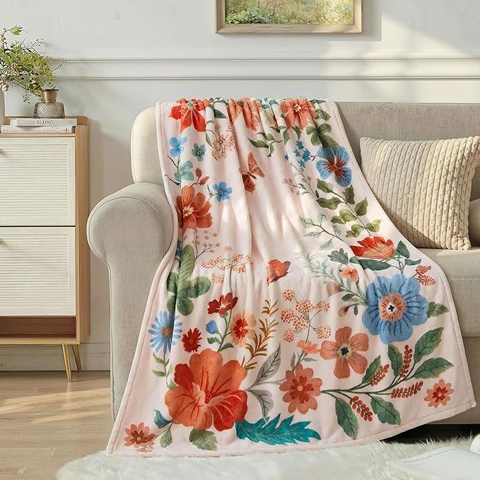 Lahome Floral Fleece Blanket for Women Girls Dorm Boho Decor, Small Throw Blanket for Couch Bed Chair Cover, Decorative Fleece Blanket Throws Mom Gift Spring Home Decor,Border Flower Pink 50x60