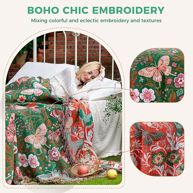 Boho Throw Blanket for Bed Cotton Blankets for Bedroom Living Room Twin All Season Lightweight Butterflies Embroidery Quilt for Couch Sofa Chair 60"x80"