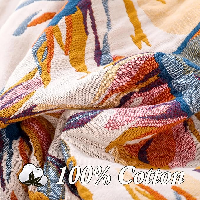 Snycler Boho Throw Blanket for Bed - 100% Cotton Ultra Soft Rustic Quilt - Watercolour Floral Printed Farmhouse Decor Bed Fall Blankets, 60"×80" All Season Rustic Throw for Sofa Couch Chair