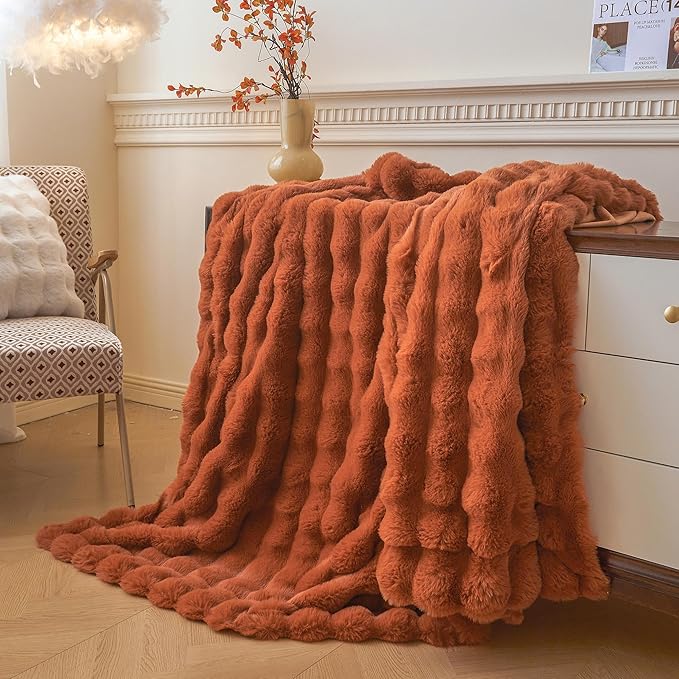 LIFEREVO Fluffy Faux Rabbit Fur Bubble Blanket, Plush Shaggy Waffle Throw for Couch Sofa, Cozy Comfy Furry Bed Blanket Adults Kids Teens Girls, Fuzzy Throw for Bedroom Living Room, 60x90, Burnt Orange