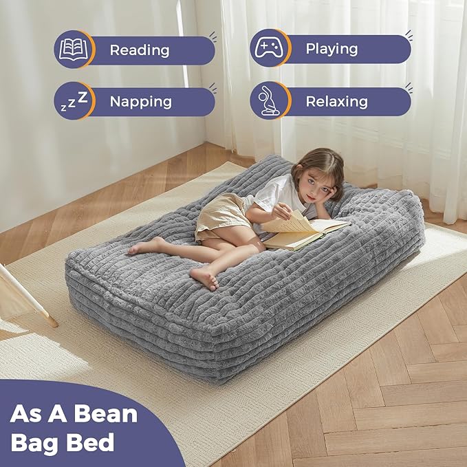 MAXYOYO Kids Bean Bag Chair Bed, Convertible Children Chair to Floor Mattress with Filler, Faux Fur Bean Bag Bed Stuffed Child Sofa Couch for Girl Boy Sleeping, Machine Washable Cover, Grey