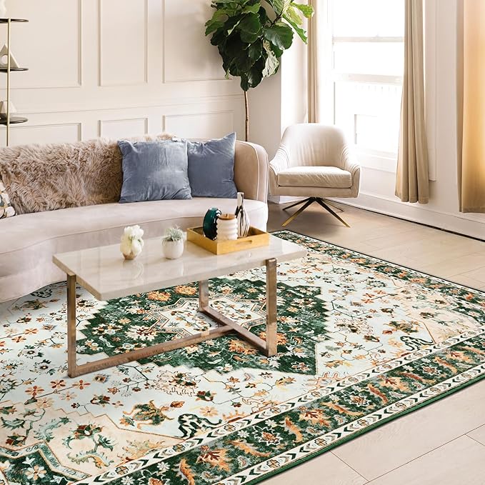 Amearea Vintage Design Area Rugs for Living Room, 6x9 Machine Washable Floral Collection Traditional Bedroom Rug, Low Pile Cute Kids Room Print Carpet, No Slip Office Kitchen Home Decor, Green