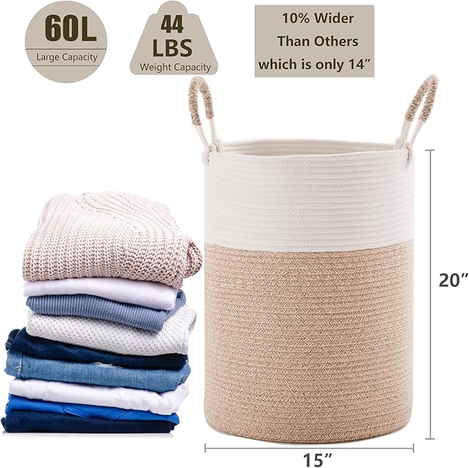 60L Hamper Laundry Basket Tall Woven Clothes Hamper for Baby Girls Nursery Kids Cotton Rope Blanket Basket in Living Room Bathroom Bedroom Brown 15Dx20H inches Large
