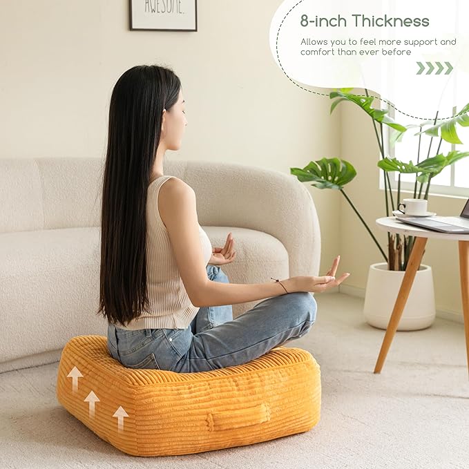 HIGOGOGO 8" Extra Thick Floor Pillow Cushion for Adults, Meditation Cushion Pillow, Large Square Floor Sitting, Tufted Corduroy Cover, for Tatami Living Room or Yoga, 22x22 Inch, Orange