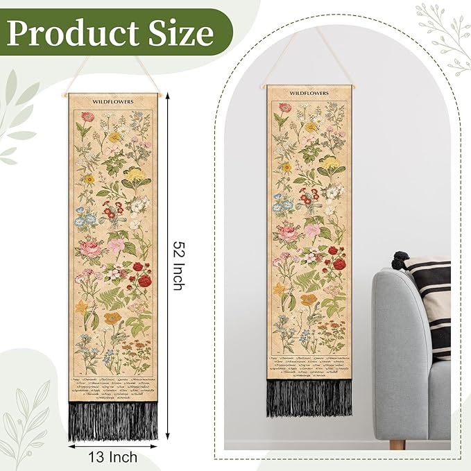 Geetery Vintage Floral Vertical Tapestry Wall Hanging Decor Long Flower Narrow Botanical Fabric Wall Art Hanging Reference Illustrative Tassel Tapestry for Bedroom Living Room Home Decor Gift(Natural)