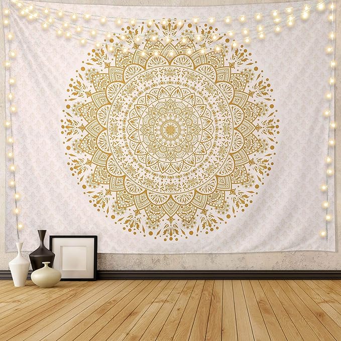 Edeesky White Golden Mandala Tapestry Wall Hanging Psychedelic Medallion Wall Tapestry Aesthetic Indian Hippie Decor Bohemian Art Boho Home Decoration for Bedroom,Living Room,Dorm