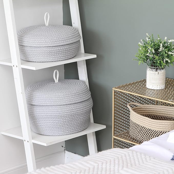 Sea Team Round Cotton Rope Storage Basket with Lid, Decorative Woven Storage Bin, Pot, Caddy, Organizer, Container for Snacks, Towels, Plants, 13 x 5.5 Inches (Large, Shallow, Grey)