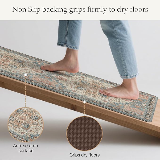 GENIMO Kitchen Mats for Floor 2PCs, Washable Anti Fatigue Mat for Cushioned, 17.3"x59"+17.3"x30", Waterproof Kitchen Rugs, Non Slip Comfort Standing Mat Rug for Home, Sink, Laundry, Blue&Salmon