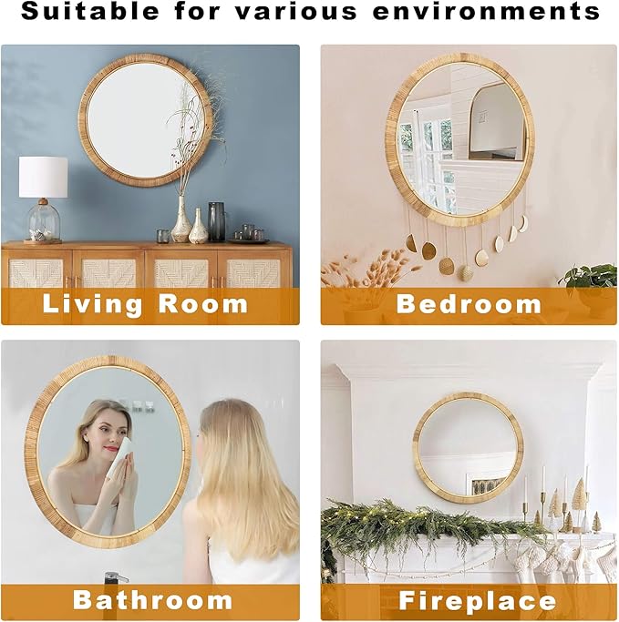Rattan 24in Round Wall Mirror, Natural Rattan Frame Boho Mirror for Farmhouse Bedroom Checkroom Livingroom Decor