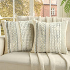 FUTEI White Grey Blue Accent Throw Pillow Covers Set of 2, 18x18 Inch Plush Tufted Striped Textured Decorative Cushion Cases for Farmhouse Boho Couch Decor