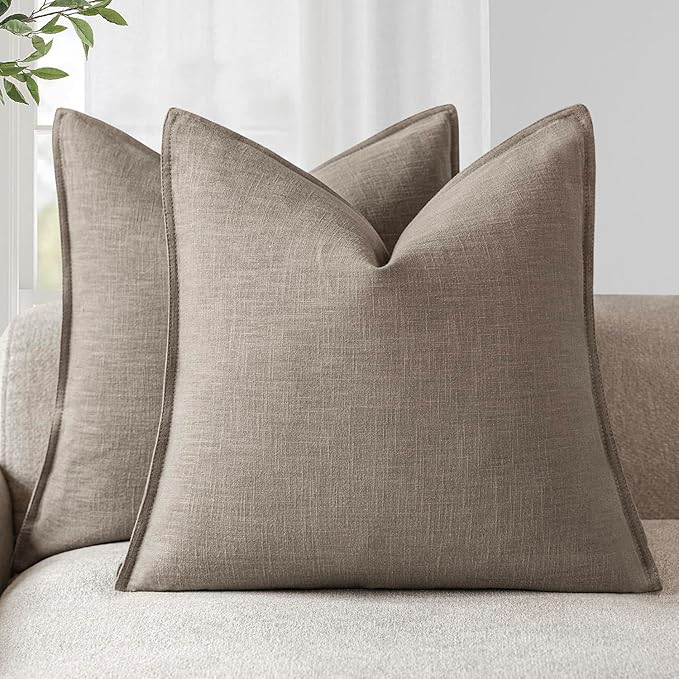 Foindtower Set of 2, Decorative Linen Soild Throw Pillow Covers Soft Accent Euro Cushion Case Farmhouse Neutral Pillowcase for Chair Couch Sofa Bedroom Living Room Home Decor 18 x 18 Inch Brown Tan