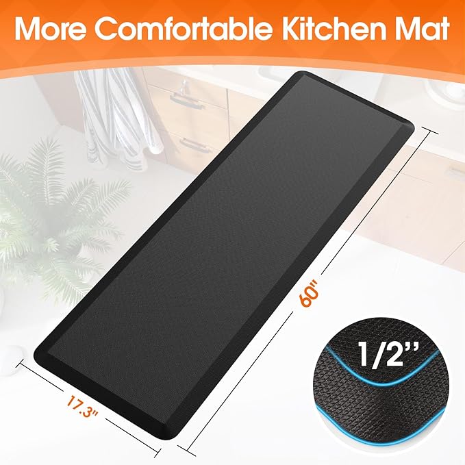 Extra Large Kitchen Mat Rug, Floor Comfort Mat with Non-Slip Bottom, Waterproof & Stain Resistant & Easy Clean, Standing Desk Mat for Kitchen, Sink, Office (17.3''x60'', Black)