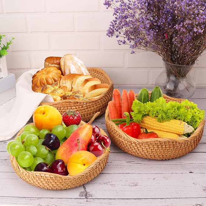 3 PCS Rattan Bread Basket - 3 Size Authentic Handmade Decorative Woven Baskets for Kitchen, Round Rattan Fruit Baskets Bowls for Table, Kitchen Decor
