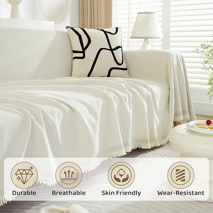 ROOMLIFE Beige Boho Couch Cover Sofa Covers with Tassel Farmhouse Sofa Slipcover Simple Couch Protector for Dogs Chenille Sectional Couch Covers L Shaped Couch Cushion Covers, 71"x 118"
