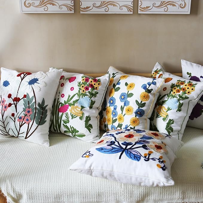 Floral Pillow Cover Boho Embroidered Pillow Covers for Couch Sofa Yellow Flowers Bohemian Pillow Covers Cotton Linen Botanical Plant Leaves Pillowcase Covers 2PCS 18x18 Inch