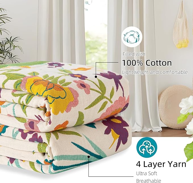Boho Throw Blanket for Bed - 100% Pure Cotton Ultra Soft Rustic Quilt - Farmhouse Decor Bed Blankets, All Season Rustic Throw for Sofa Couch Chair(50"×60", Boho Floral)