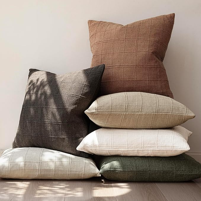 Foindtower Set of 2 Decorative Linen Check Throw Pillow Covers Neutral Farmhouse Vintage Cushion Covers Modern Boho Home Decor for Sofa Chair Couch Bedroom Living Room,24×24 Inch,Dark Brown