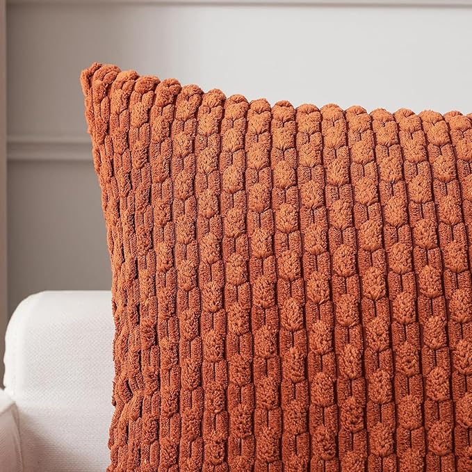 Kevin Textile Fall 14x20 Inch Pillow Cover 1 Pack Boho Decorative Soft Striped Corduroy Lumbar Farmhouse Solid Color Accent Rectangle Cushion Case for Living Room Couch Sofa Bed, Rust