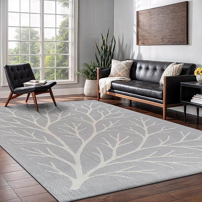 Washable Indoor Outdoor Rug 10x14 Modern Area Rugs Branch Pattern Non Shedding Waterproof Easy Clean Patio Deck Porch Living Room Bedroom Garden RV (10 X 14 Gray)