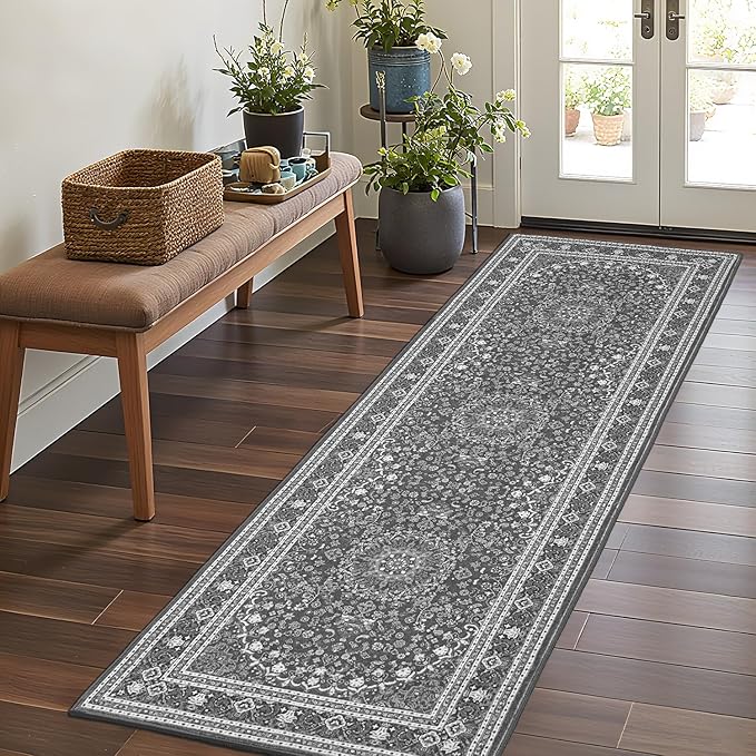 Lessymo 2 x 6 Runner Rug, Machine Washable Area Rugs Boho Faux Wool Low Pile Area Rug for Bedroom, Floral Medallion Vintage Rugs with Non-Slip Rubber,Grey White