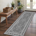 Lessymo 2 x 6 Runner Rug, Machine Washable Area Rugs Boho Faux Wool Low Pile Area Rug for Bedroom, Floral Medallion Vintage Rugs with Non-Slip Rubber,Grey White