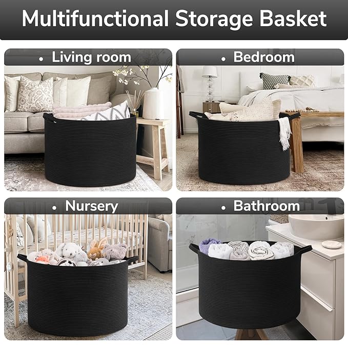 Goodpick Large Storage Basket, 23.5'' x 15.8'' Woven Storage Baskets, Cotton Rope Toy Storage for Kids Decorative Laundry for Home, Perfect for Living Room, 115L Black