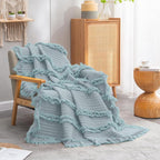 Ultra Soft Pre-Washed Warm Quilted Throw Blanket, Ruffle Fringed Blue Green Boho Decorative Throw, Stone Washed Chic Rustic Blanket for Sofa Couch Bed Chair, 50"x 60"