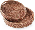 HITOMEN Hand-Woven Round Rattan Serving Tray Decorative Ottoman Wicker Platter with Handles for Coffee Table, Breakfast, Drinks, Snack, Bread, Fruit, Vegetables (Honey Brown Set of 2: M+L)