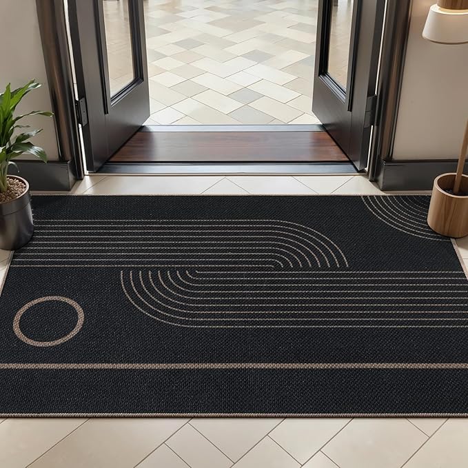 Tangsoo Easy Jute Rug 2x4 Small Rugs for Entryway,Washable Thin Outdoor Door Mat,Black Round Rainbow Non-Slip Indoor Floor Small Throw Carpet for Entrance Kitchen Hallway Bedroom Front Porch