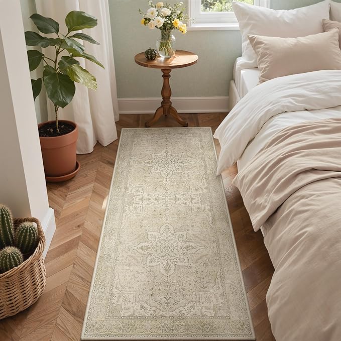 GENIMO 2X5 Washable Vintage Runner Rug for Hallway, Non-Slip Low Pile Chenille Print Rug, Soft Rugs for Indoor Entryway Kitchen Corridor, Linen & Taupe