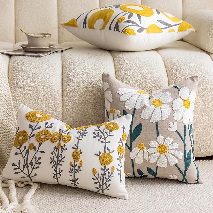 vctops Boho Floral Tufted Decorative Throw Pillow Cover Botanical Embroidered Cotton Cushion Cover for Couch Sofa Bed (Flower C,12"x20")
