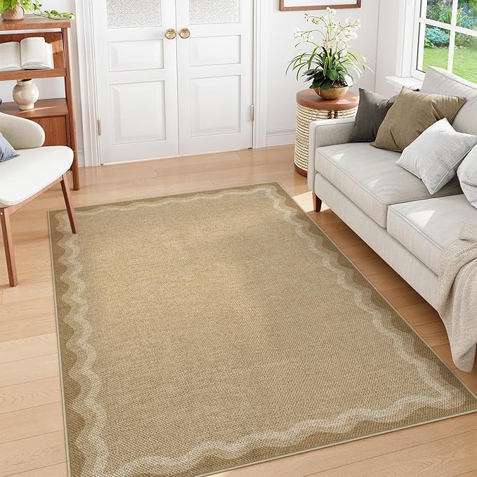 LIVEBOX Scalloped Washable Outdoor 5x7 Rug, Easy Jute Tan Rug for Living Room, Indoor Geometric Rug for Bedroom, Farmhouse Rugs Dining Room Mat Modern Carpet Area Rug for Patio Home Office Decor